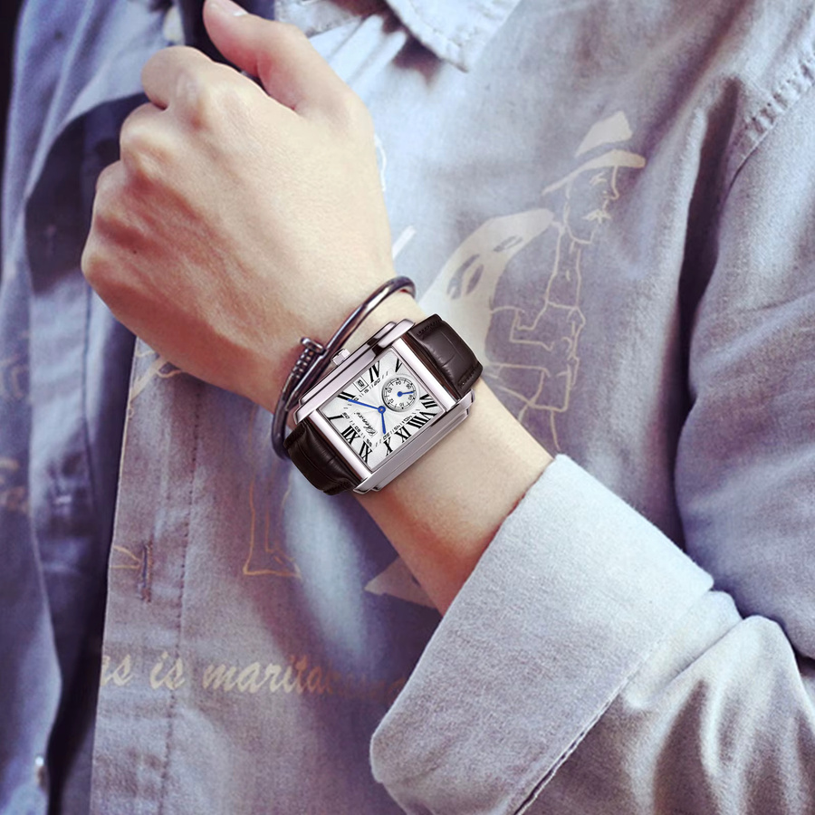 Chenxi Armbanduhr, Rechteckig, Quarz, Leder, Silber, Herren - Bild 4