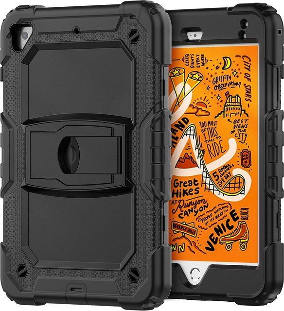 Robuste Schutzhülle für iPad Mini 7, 6, 5, 4 mit integriertem Ständer und Umhängeband in Schwarz - Bild 1