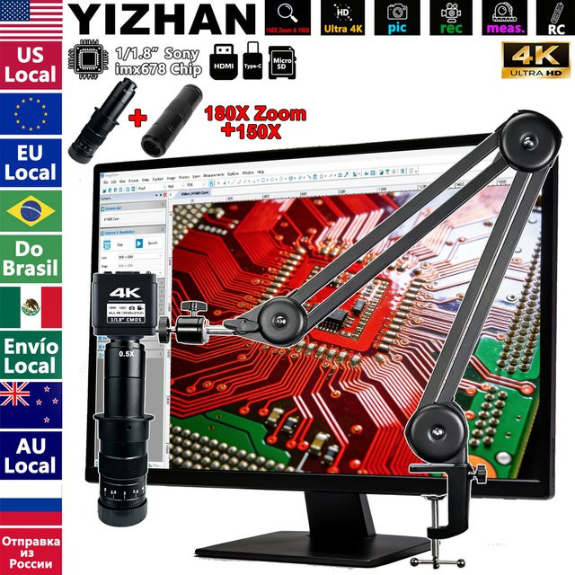 YIZHAN Digitales 4K Mikroskop mit 1/1,8 Zoll IMX678 Sensor, 180-fachem Zoom, 150-facher C-Mount-Objektive, Schwenkarm und Messfunktion in Schwarz - Bild 1