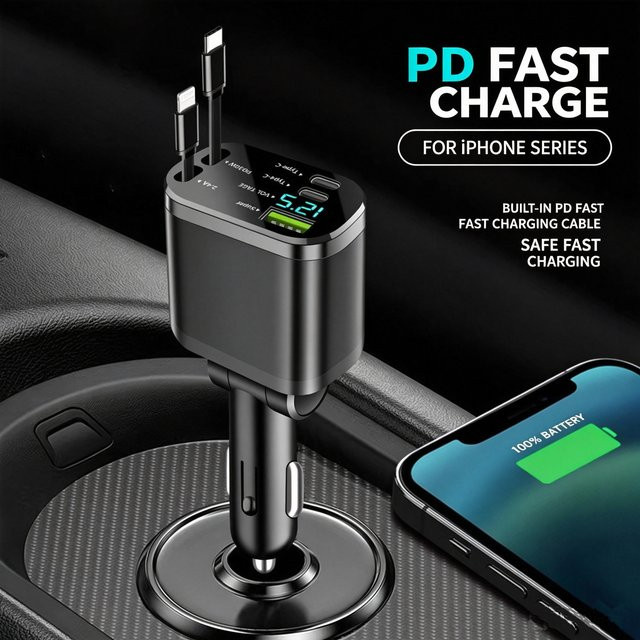 KYVNVO 5-in-1 Autoladegerät mit digitalem Display und einziehbarem Kabel, PD Schnellladegerät für den Zigarettenanzünder, Schwarz - Bild 1