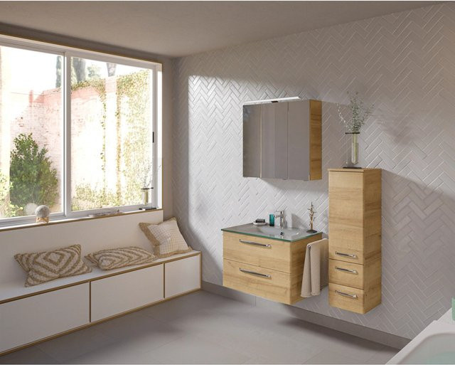 Pelipal Badmöbelset Trentino in Riviera Eiche mit Waschtisch, Waschtischunterschrank, Spiegelschrank und Midischrank sowie LED-Beleuchtung - Bild 1