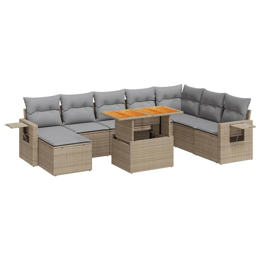 vidaXL 9-tlg. Garten-Sofagarnitur in L-Form aus Poly-Rattan und Akazienholz mit Kissen, Beige-Grau - Bild 2