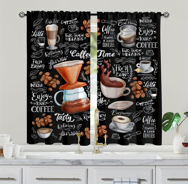 Yiran Furniture 2er-Set Küchenvorhang mit 3D-Kaffeeillustration in Schwarz, lichtfilternd und halbtransparent, B: 50 cm, H: 130 cm - Bild 1