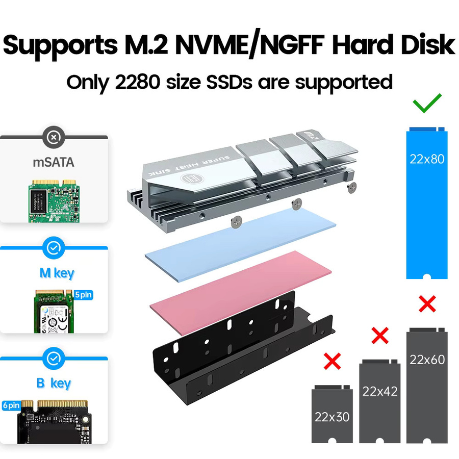 JEYI M.2 2280 NVMe/SATA/NGFF SSD Kühlkörper Aluminium-Wärmeableiter mit Wärmeleitfähiger Silikonauflage in Grau oder Silber - Bild 6