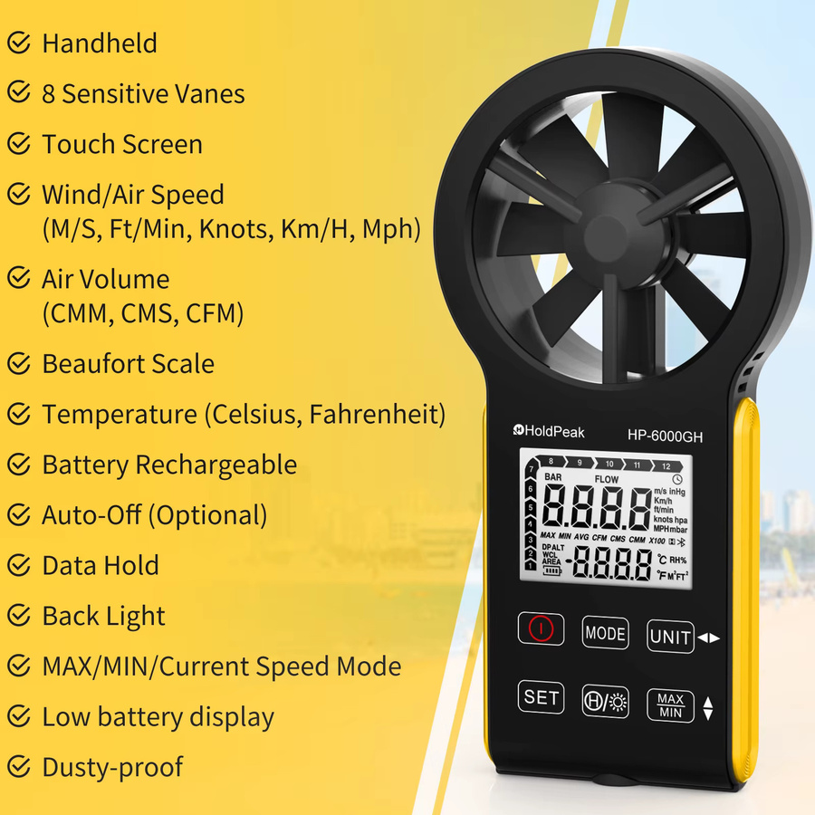 HoldPeak Digitales Anemometer mit Temperatur- und Luftstrommessung, IP67 wasserdicht, mit Hintergrundbeleuchtung und Typ-C-Aufladung - Bild 2