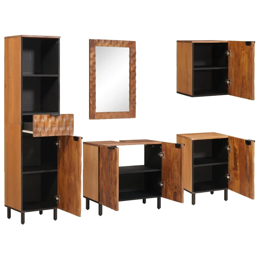 vidaXL Badezimmer Set aus Akazie und Mango Massivholz in Braun, 5-teilig mit Waschtischunterschrank, Spiegelschrank, Wand- und Hochschrank - Bild 2