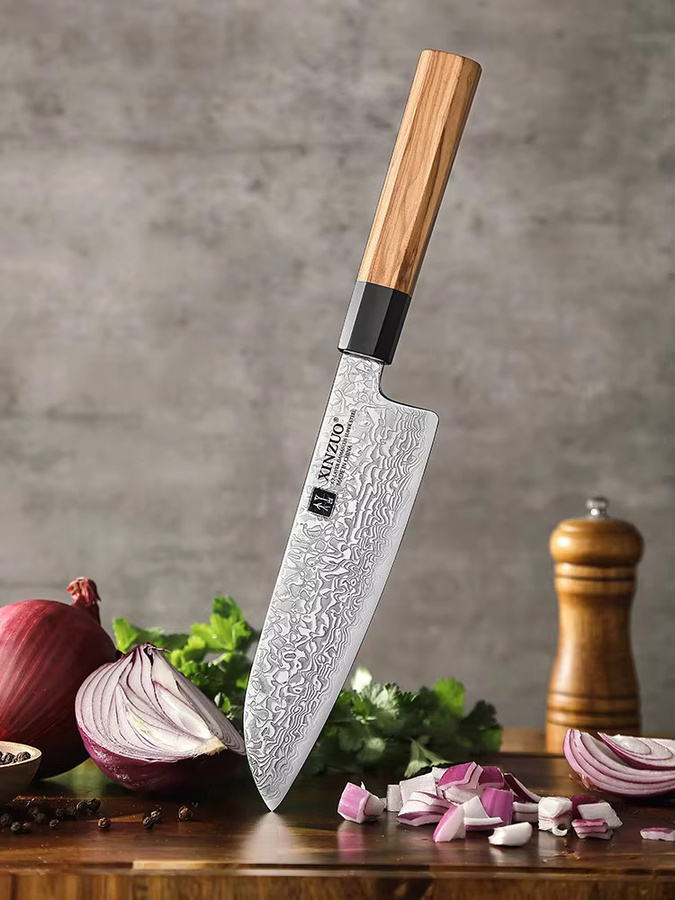 XINZUO Santoku Kochmesser aus 10Cr15CoMoV Stahl mit braunem Olivenholzgriff, 18,54 cm - Bild 7