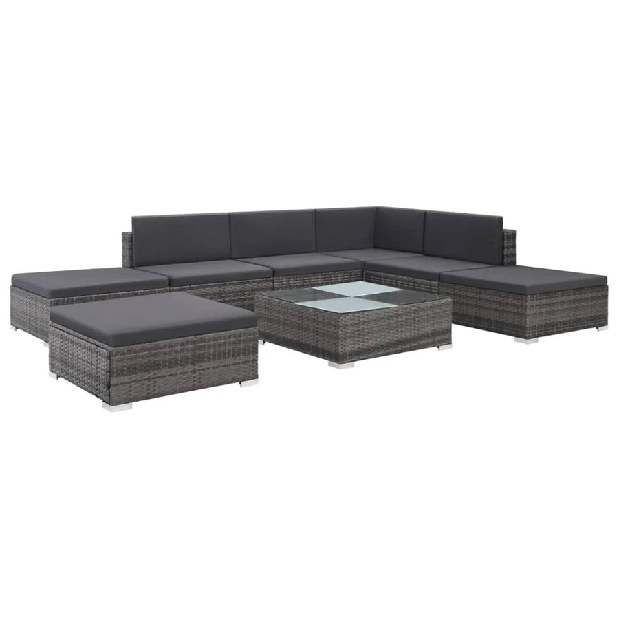 vidaXL 8-teiliges Garten-Lounge-Set in L-Form aus grauem Poly-Rattan mit Kissen und Glastisch - Bild 2