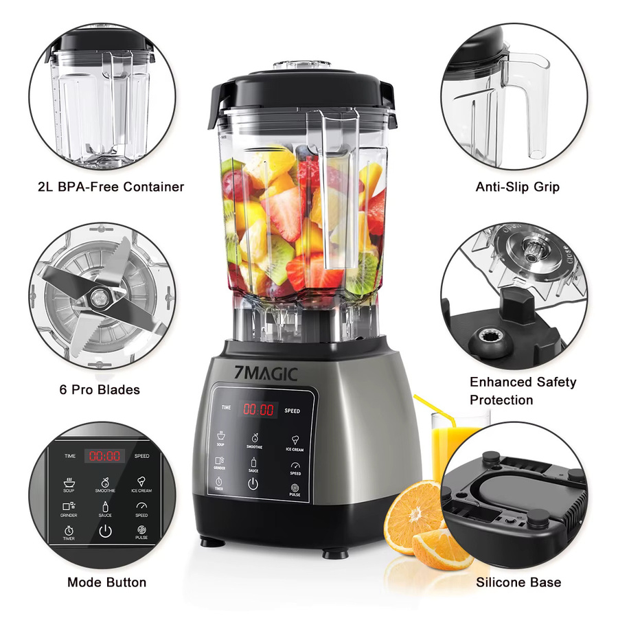 7MAGIC Hochleistungs-Mixer mit 2000 W und Timer, Küchenmaschine mit 2-Liter-Glasbehälter, Schwarz - Bild 2