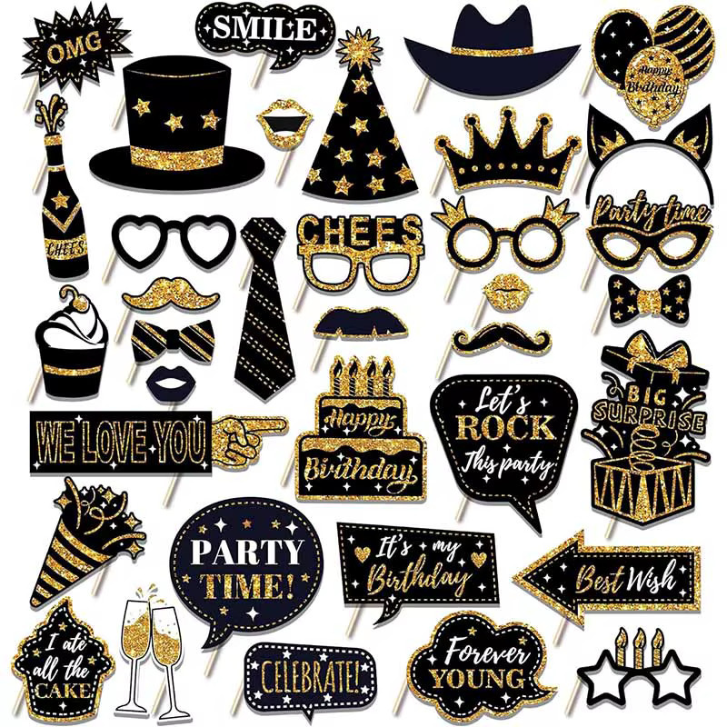 WEHRPARTY Goldglitter Happy Birthday Rahmen-Set, Fotobox-Requisiten, 37-teiliges Set - Bild 5