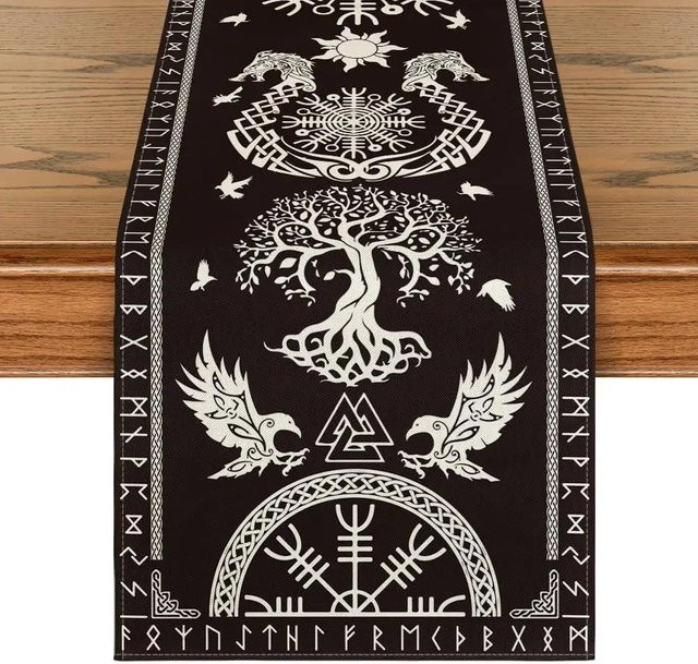 Shinehope Leinen Tischläufer Wikinger Rabenhelm Design Schwarz B: 150 cm, T: 33 cm - Bild 1
