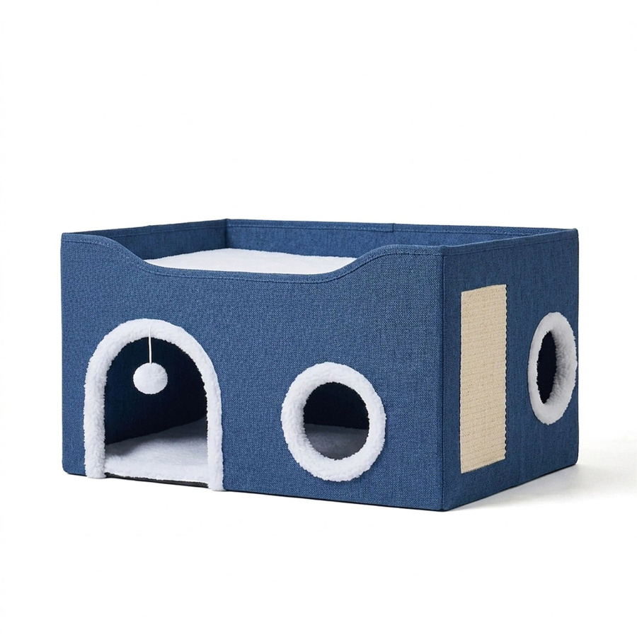 Relaxdays Katzenhöhle aus Karton und Polyester mit Sisal-Kratzbrett in Blau, B/T/H: 60 x 34 x 40 cm - Bild 2