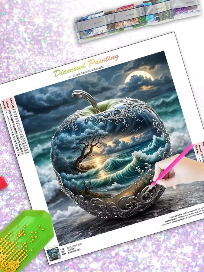 CHENISTORY 5D DIY Diamantmalerei Apfel und Meer Landschaft mit Strass-Stickerei für deine Wohndekoration - Bild 4
