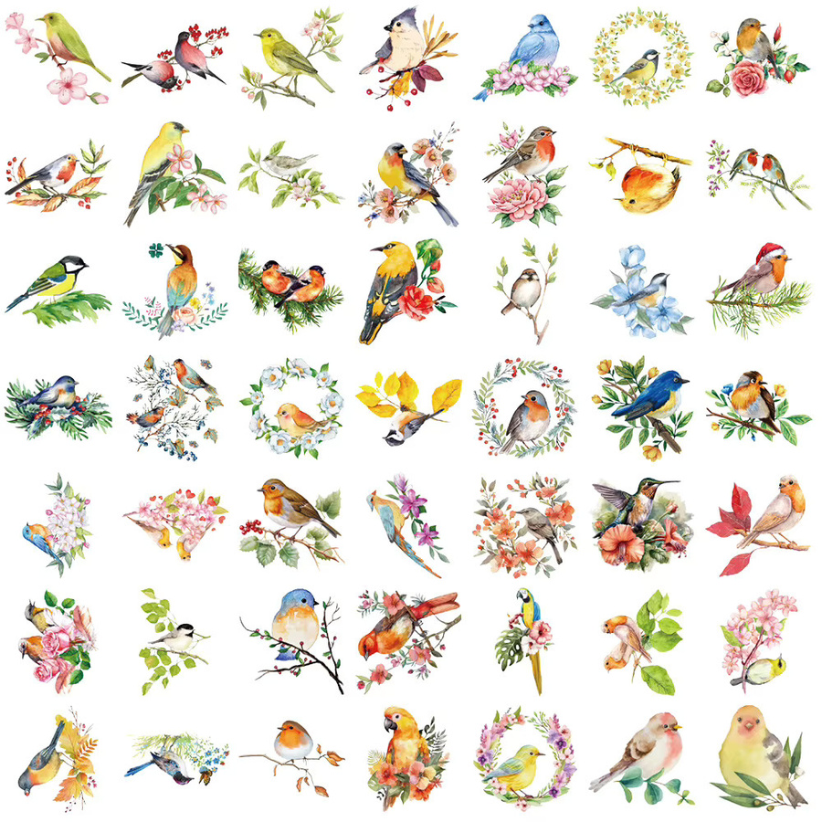 50 Stück transparente Aquarell-Vogel-Aufkleber aus wasserfestem PET für Scrapbooking und Dekoration, Mehrfarbig - Bild 2