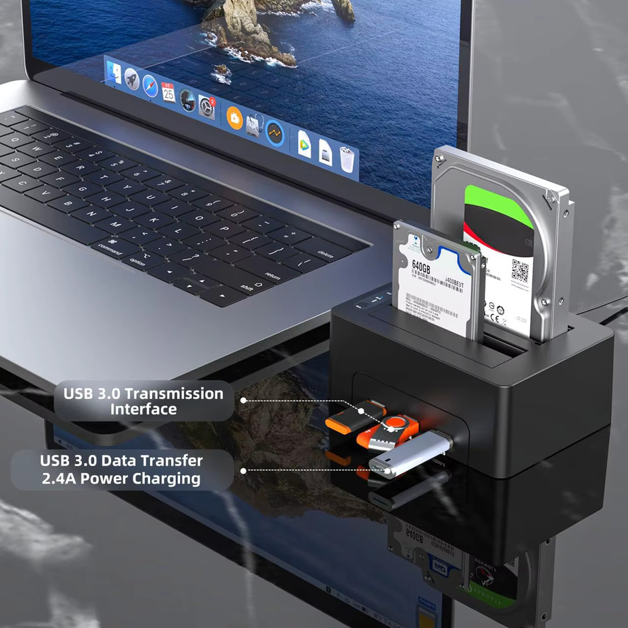 MAIWO Dual-Bay Festplatten-Dockingstation mit Offline-Klonfunktion für 2,5 und 3,5 Zoll SATA HDD SSD, 3x USB 3.0 Hub Erweiterung, Schwarz - Bild 2