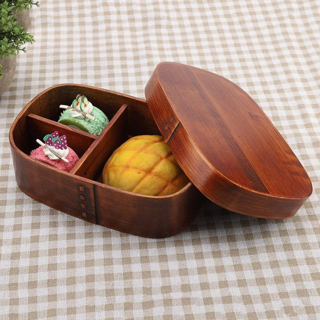 Bento-Box aus Holz mit Trennfächern in Braun, mfySpace Vintage Lunchbox mit losem Deckel, B/T/H: 18 x 12 x 5,5 cm - Bild 1