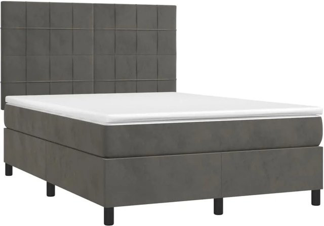 vidaXL Boxspringbett mit Matratze in Dunkelgrau, Hybridbett mit LED-Unterbettbeleuchtung und USB-Anschluss, Samt, B/T: 140 x 190 cm - Bild 1