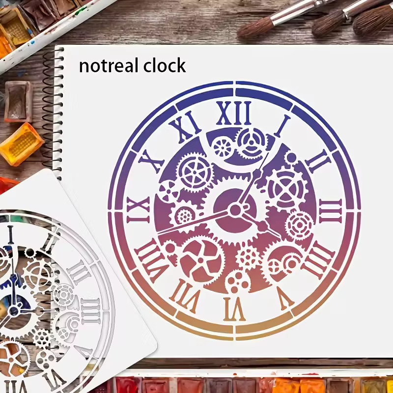 Steampunk Uhr Schablone mit Zahnrädern und römischen Ziffern für DIY Kunst und Handwerk, Weiß, Kunststoff, Durchmesser: 30 cm - Bild 4