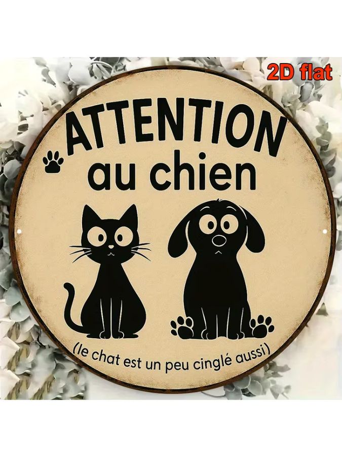 Potdemiel Rundes Vintage Warnschild Attention Au Chien mit Pfotenabdrücken Durchmesser: 20,3 cm - Bild 5
