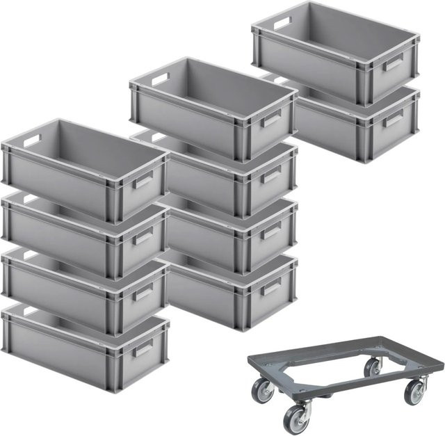 PROREGAL SparSet mit 10 Eurobehältern mit offenem Griff und 1 Transportroller, Grau, H x B x T: 17,5 x 40 x 60 cm - Bild 1