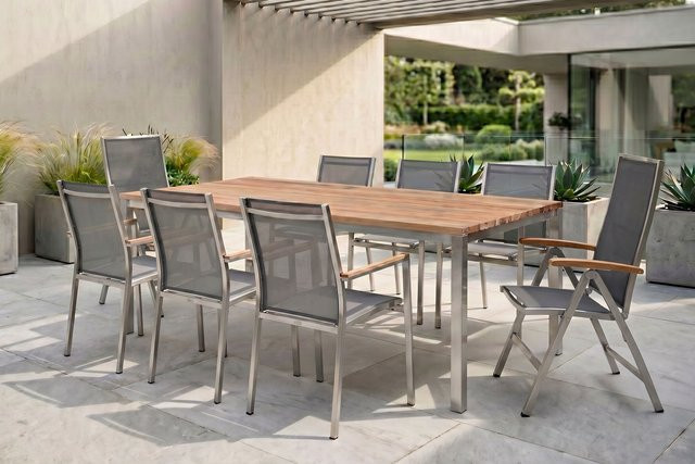 Stern Cardiff Garten-Essgruppe aus Edelstahl und Teakholz in Silber/Silbergrau mit Tisch (Breite: 200 cm, Tiefe: 100 cm) sowie 6 Stapelstühlen und 2 Klappstühlen - Bild 1