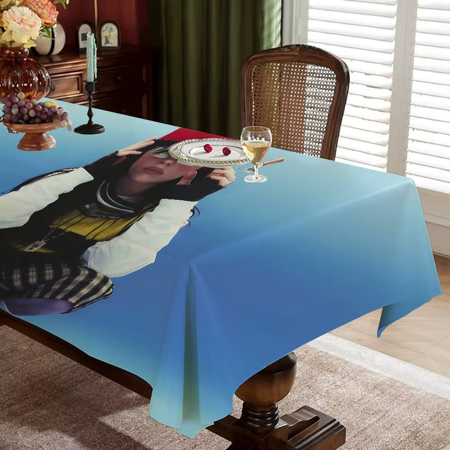 B-Billie E-Eilish Wasserabweisende Tischdecke aus Leinen in Blau, Rechteckig mit Grafikdesign für Hochzeit und Heimdekoration - Bild 4