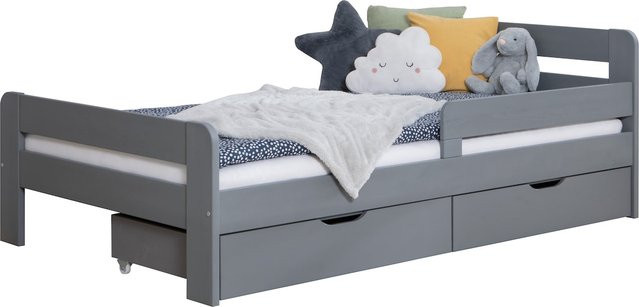 TiCAA Kinderbett Bennet aus Kiefer Massivholz mit Schubkasten und Rausfallschutz, Farbe Grau - Bild 1
