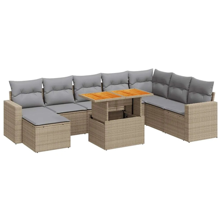 vidaXL 9-tlg Garten-Sofagarnitur in L-Form aus Poly-Rattan und Akazienholz mit Kissen in Beige-Grau - Bild 2