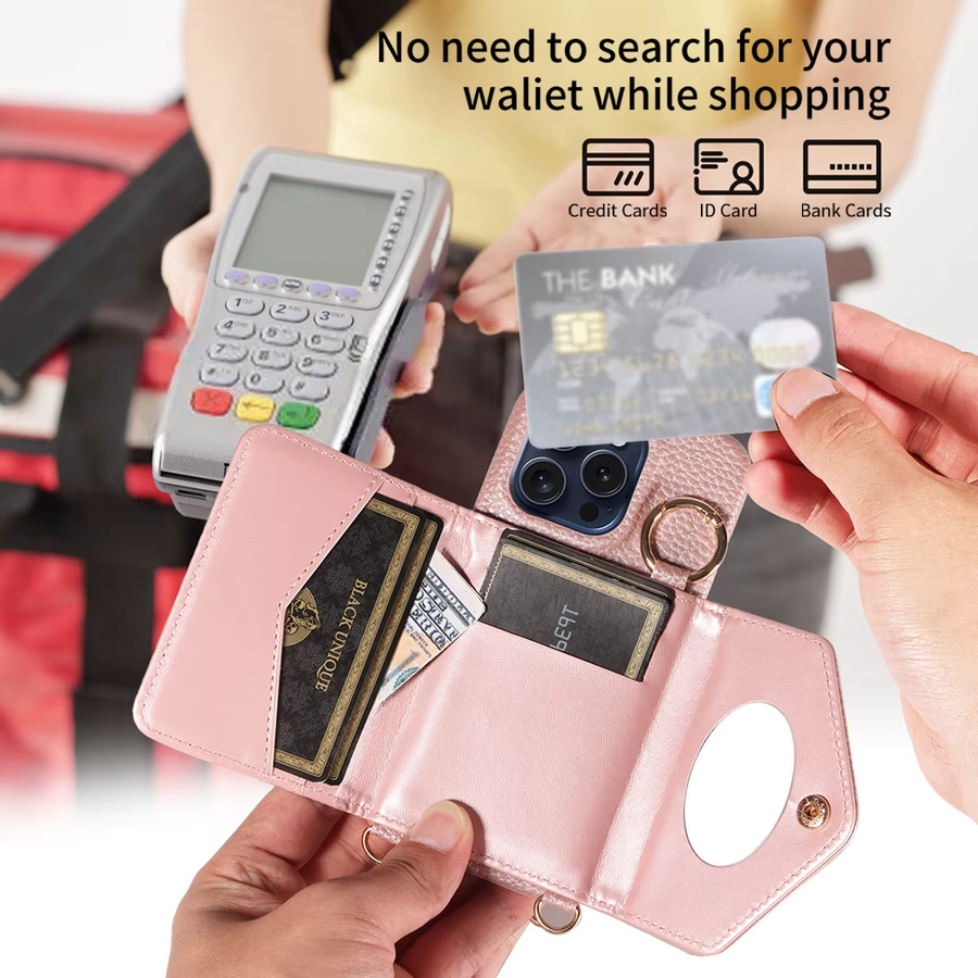 Stilvolle Damen-Umhängetasche aus PU-Leder für iPhone 14 und iPhone 13 Modelle mit langem Lanyard und Spiegel-Telefonabdeckung in Weiß oder Pink - Bild 3