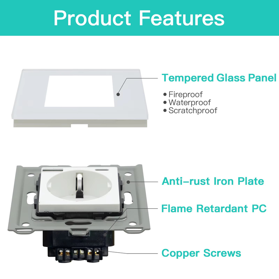 BSEED Wandsteckdose mit Glasrahmen und USB-C Anschluss, Einzelsteckdose Typ C, 16 A, EU-Standard - Bild 3