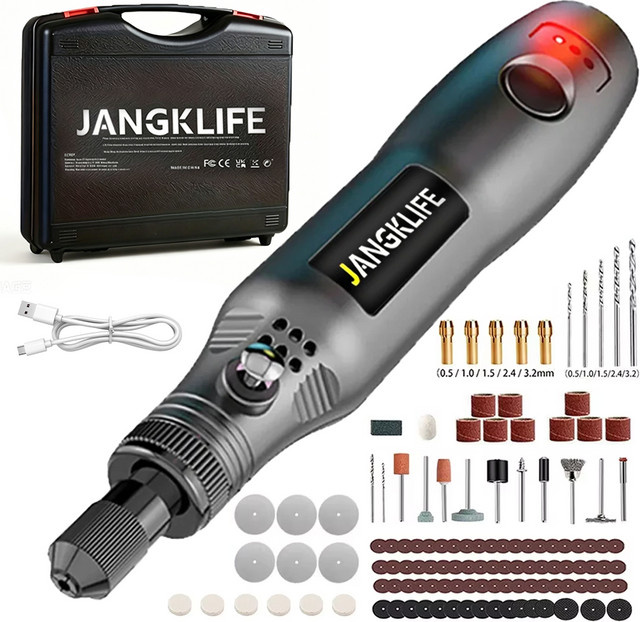 JANGKLIFE USB Kabelloses Rotationswerkzeug-Set in Schwarz mit Akku für Gravur und DIY an Holz, Metall und Glas - Bild 1