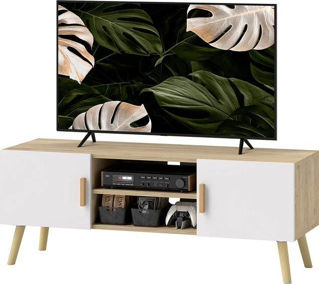 HOMCOM TV-Möbel aus Holz in Eiche, moderner Fernsehschrank mit Regalen, Schränken und Kabeldurchlässen für Wohnzimmer und Schlafzimmer, B/T/H: 110 x 36,2 x 42 cm - Bild 1