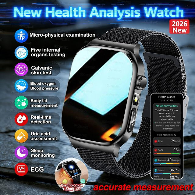 MAVHX Smartwatch mit KI-Gesundheitsdiagnose, EKG, HRV, Blutdruck, Harnsäure und Blutfetten, Bluetooth-Anruffunktion, Schwarz, Unisex - Bild 1