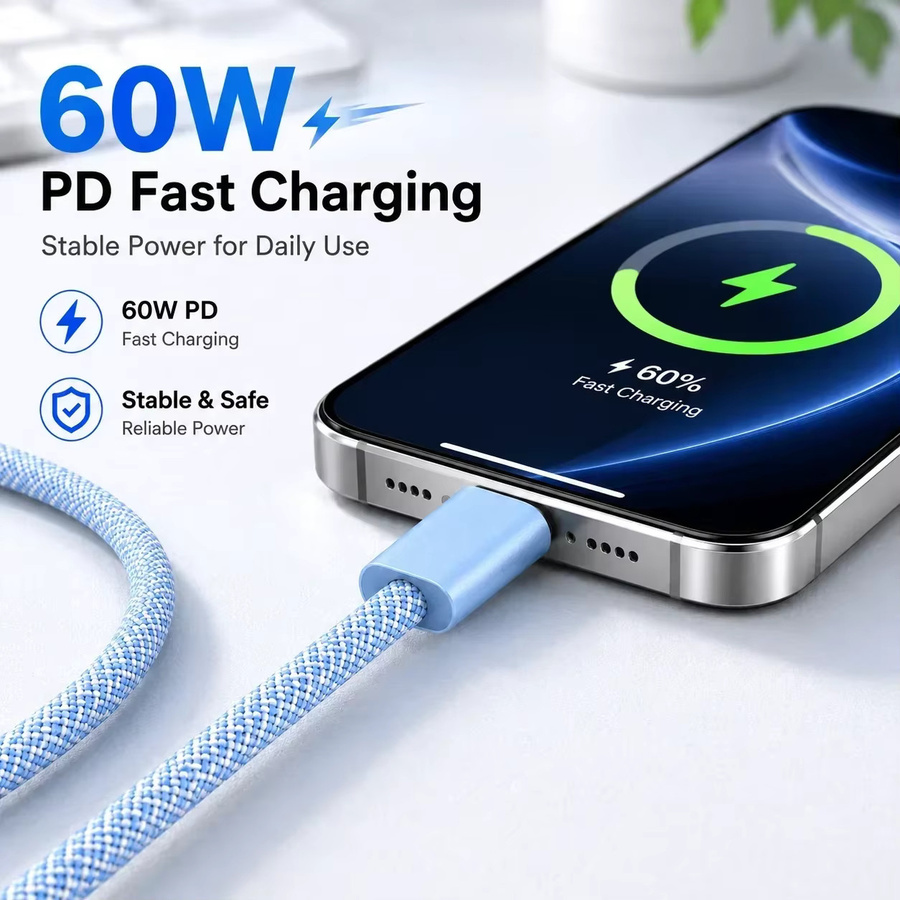 Parallel World USB-C zu USB-C PD Schnellladekabel 60W, geflochtenes Ladekabel in Weiß und Blau für iPhone 15 16, iPad, MacBook Air und Samsung - Bild 2