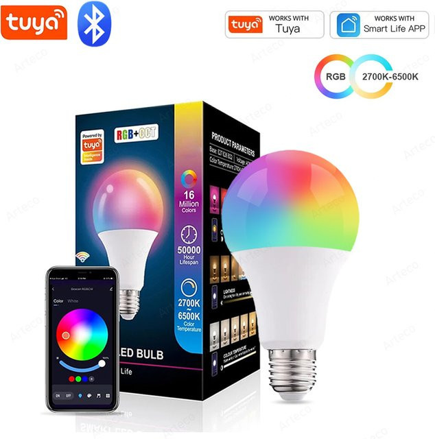 Tuya Bluetooth Smart LED Birne E27, 15 W, RGB + CW + WW, dimmbar, Multicolour - Bild 1