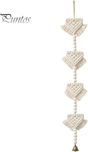 Boho Wandteppich Puntos mit geometrischen Dreiecken und Holzperlen in Beige, handgemachter Wandbehang aus Textil und Holz, Breite: 75 cm - Bild 1