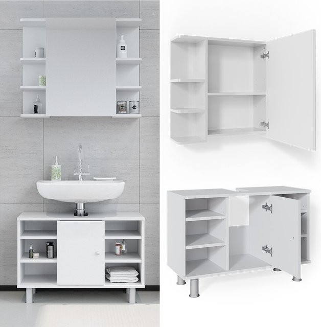 Vicco Badmöbel Set Fynn Weiß mit Spiegelschrank und Waschbeckenunterschrank - Bild 1