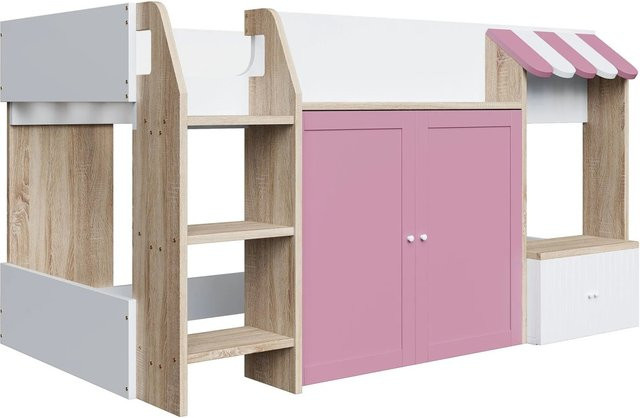 Merax Hausbett für Kinder aus Massivholz mit Stauraum, Farbe Weiß und Rosa, B/T/H: 200 x 90 x 109 cm - Bild 1