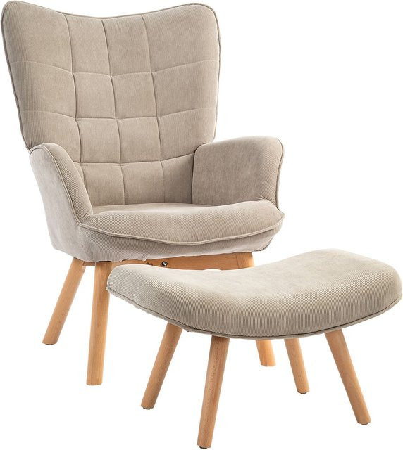HOMCOM Ohrensessel mit Hocker in Cord-Optik und Holzbeinen, Grau - Bild 1