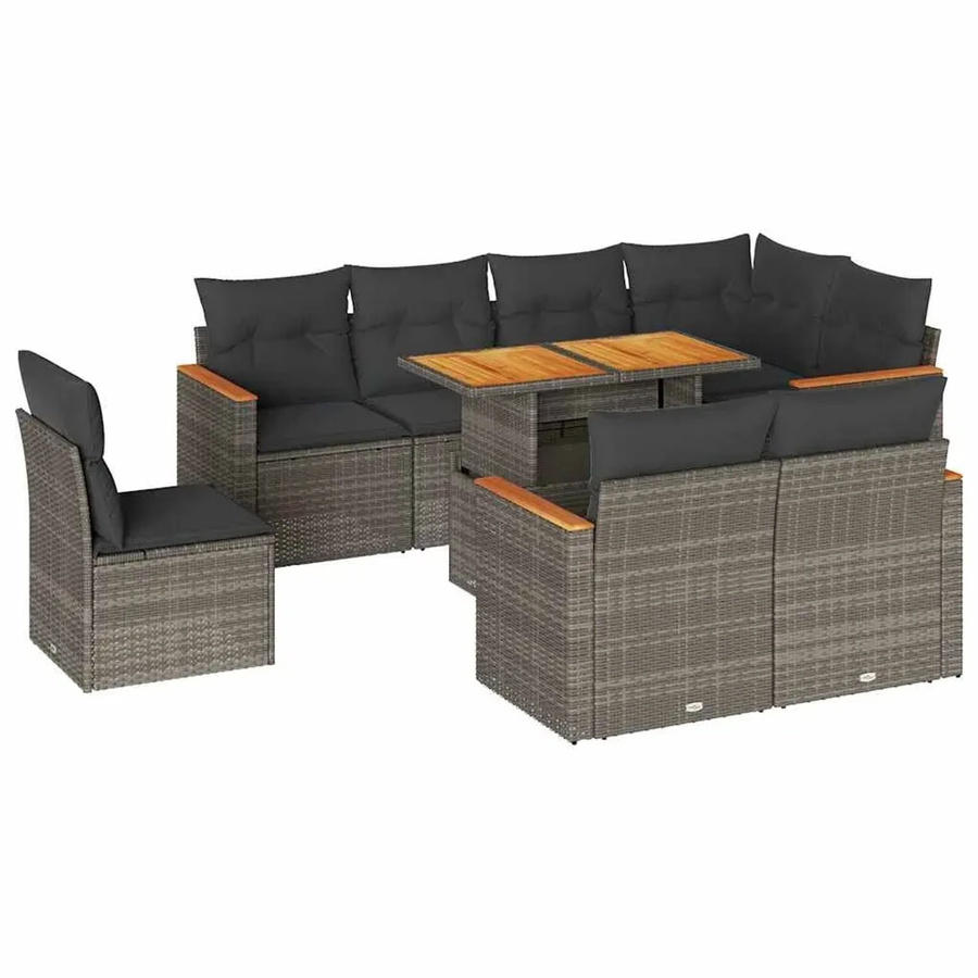 vidaXL 9-teilige Garten-Sofagarnitur aus Poly-Rattan und Akazienholz in Grau mit Kissen - Bild 2