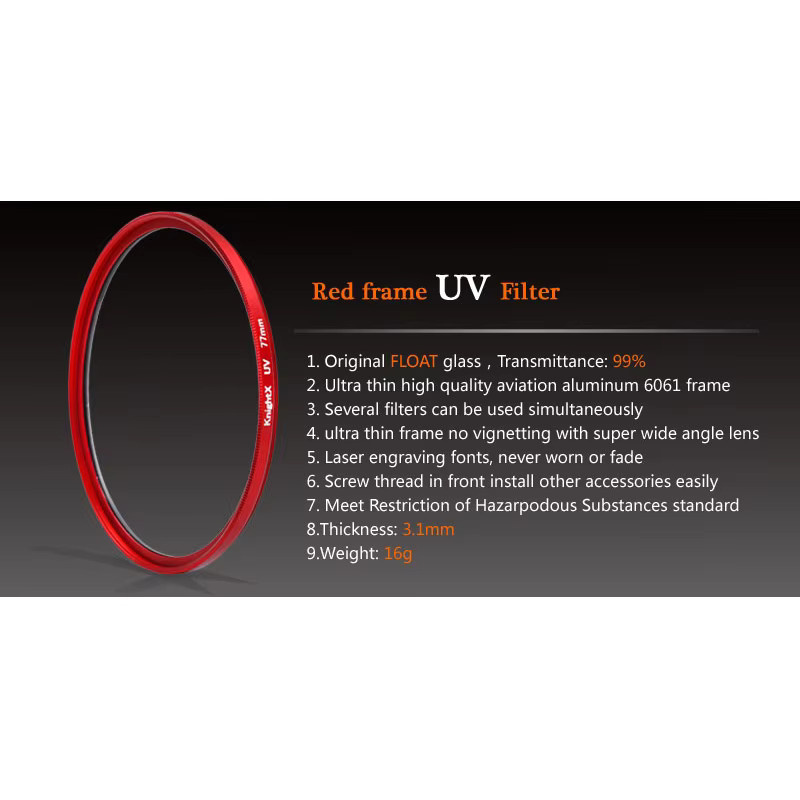 KnightX UV-Filter Objektivschutz mit rotem Rahmen für Fuji, Sony und Canon (49mm bis 77mm) - Bild 2