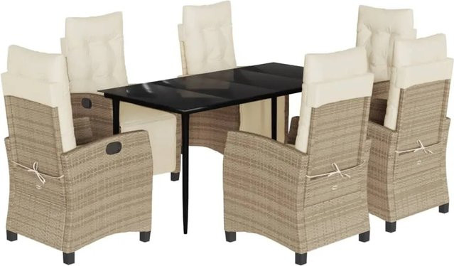 vidaXL 7-teilige Garten-Essgruppe aus Poly Rattan mit Kissen in Beige und Cremeweiß mit Glastisch - Bild 1