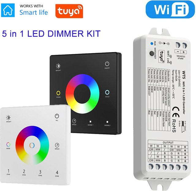 TUYA WiFi 5 in 1 LED Controller Kit mit Glas Wand Touch Panel RGBCCT Dimmer für DC 12V 24V - Bild 1
