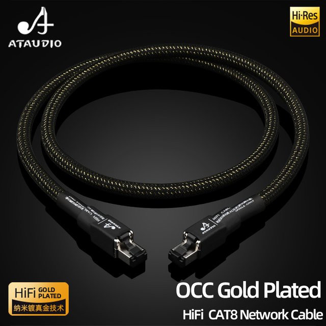 ATAUDIO HiFi Cat 8 Netzwerkkabel OCC vergoldet, High Speed 40 Gbit/s 2000 MHz Ethernet LAN-Kabel in Schwarz und Gold - Bild 1