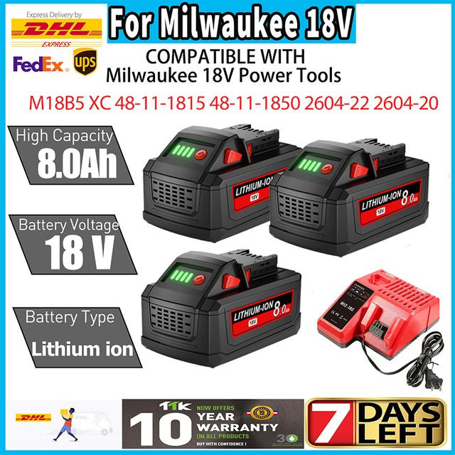 Milwaukee M18 Akku 18 V mit 8000 mAh für Milwaukee Werkzeuge M18B5 XC 48-11-2402 48-11-2411 2604-22 - Bild 1