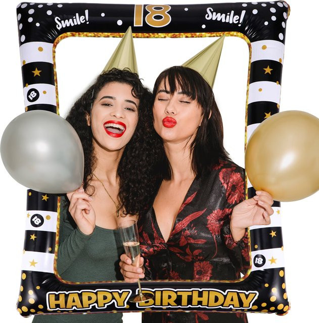 Personalisierter aufblasbarer Fotorahmen für den 18. Geburtstag in Schwarz mit Punktmuster und 18 Luftballons als Party-Requisite - Bild 1