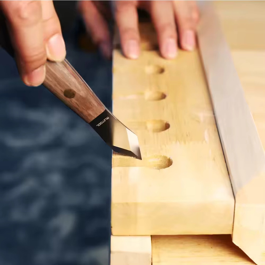 PINTUDY Markierungsmesser aus Kohlenstoffstahl mit doppelter abgeschrägter Klinge und braunem Holzgriff inklusive Schutzscheide - Bild 4