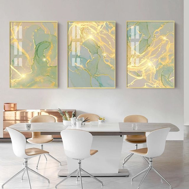 TPFLiving Luxus Poster Leinwand Set mit abstrakten Strukturen in Gold, Gelb, Grün und Grau, 3er Set ohne Rahmen, Breite: 60 cm, Höhe: 80 cm - Bild 1