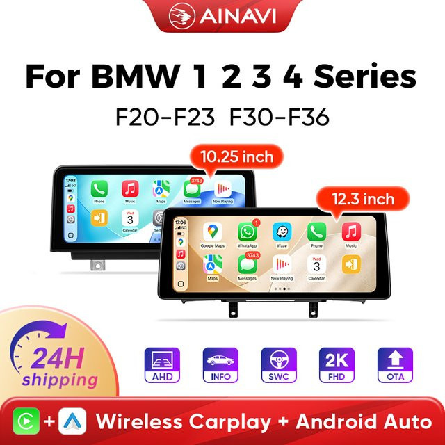 AINAVI Autoradio mit Android Auto und Wireless CarPlay für BMW 1er 2er 3er 4er Serie, Full HD 2400*900 IPS Touchscreen, Schwarz - Bild 1