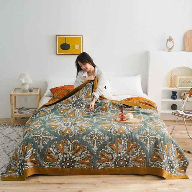 Nordische Überwurfdecke aus Baumwollgaze von Your Warm Home in Multicolour, Boho-Sofatuch mit floralem Design, B/B: 150 x 200 cm - Bild 1